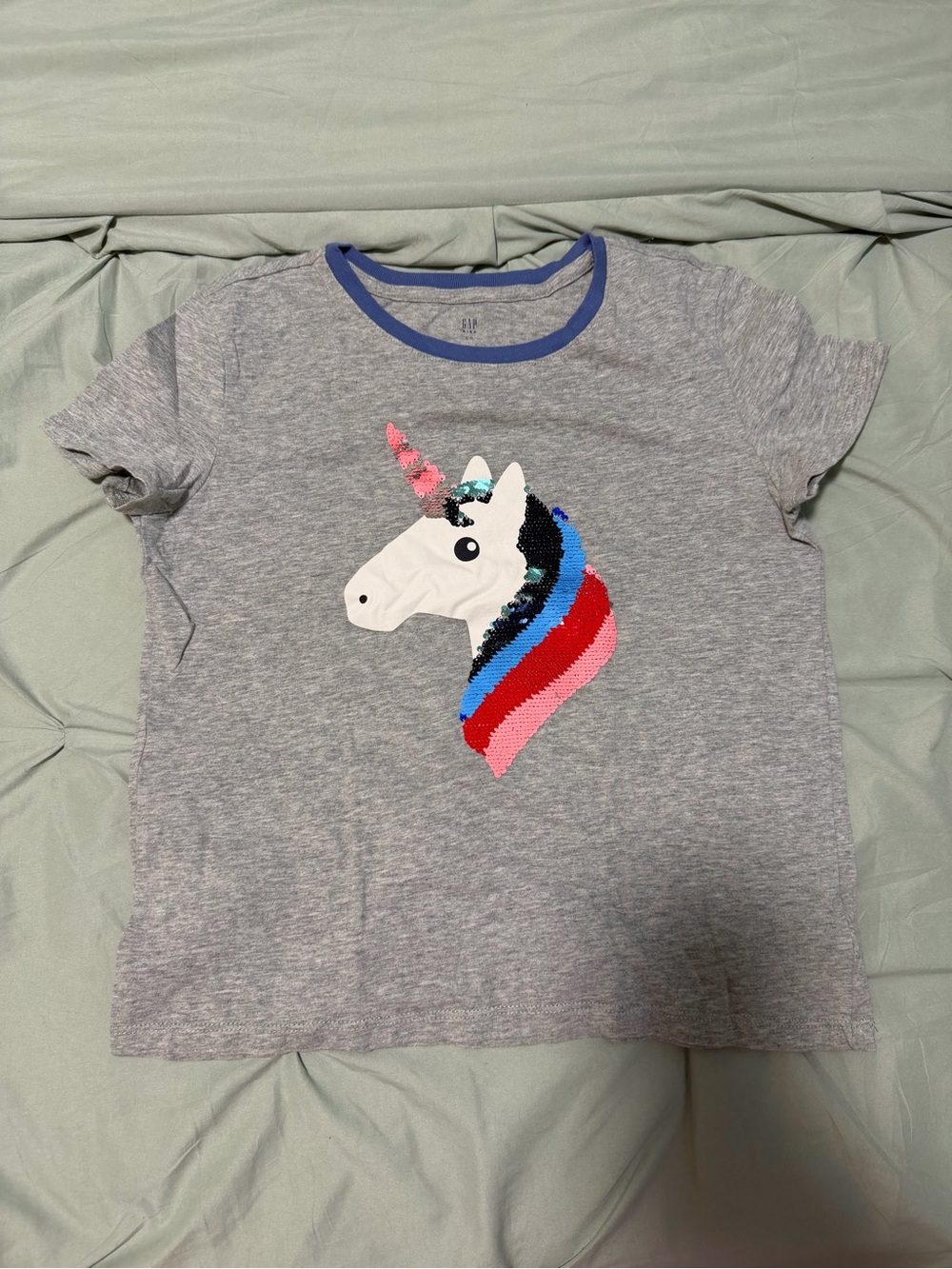 GAP Grey Unicorn Sequin Tee with Blue Trim